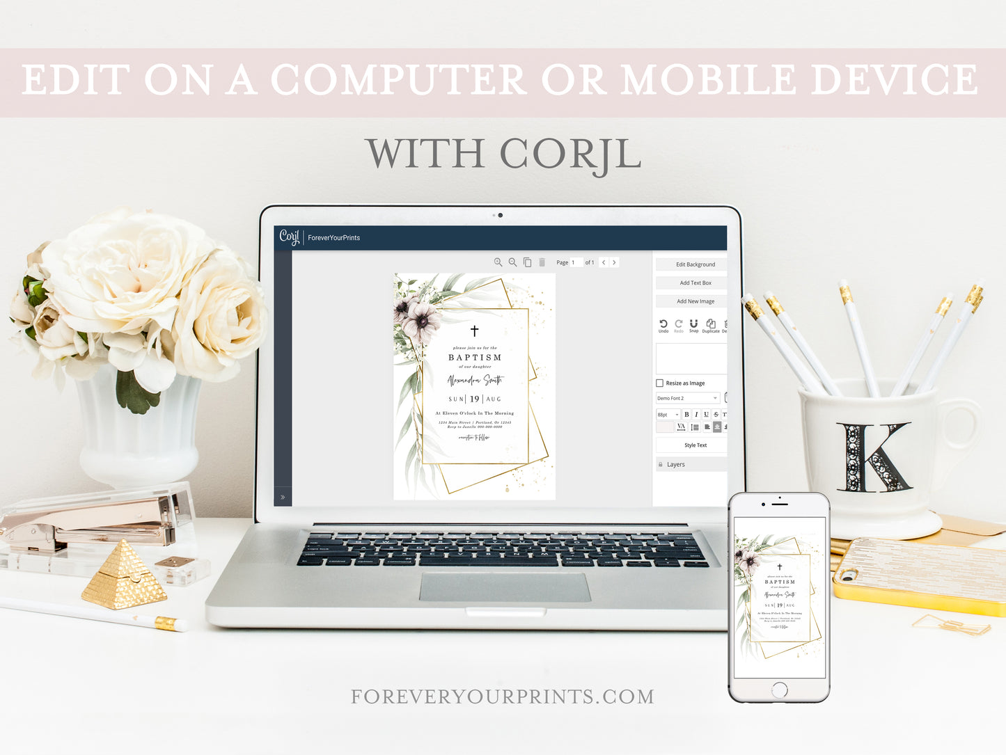 Anemone Florals Baptism Invitation | www.foreveryourprints.com