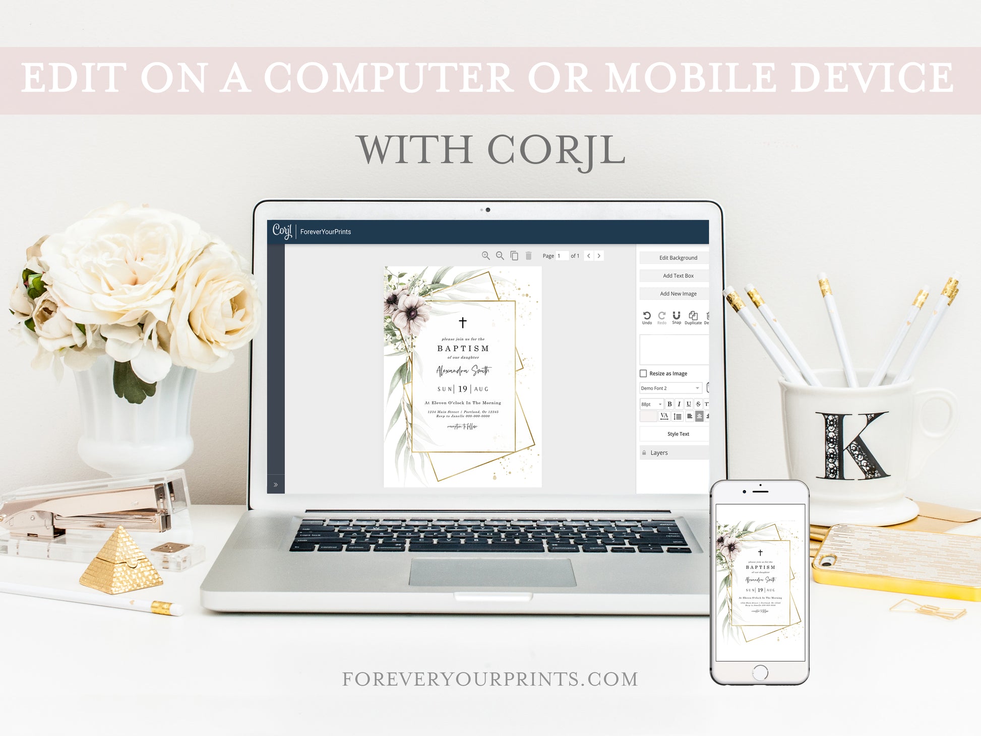 Anemone Florals Baptism Invitation | www.foreveryourprints.com