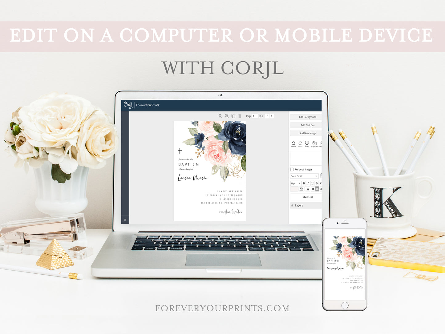 Floral Baptism Invitation | www.foreveryourprints.com