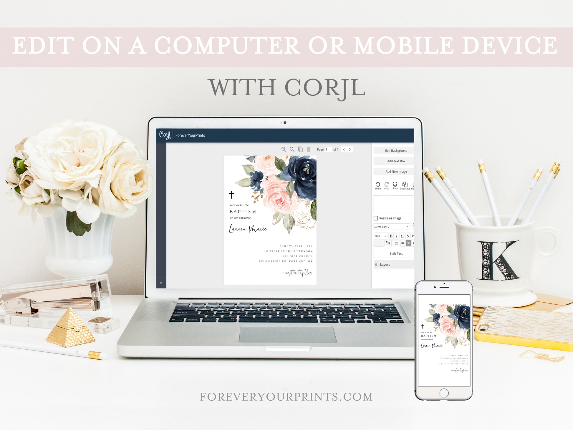 Floral Baptism Invitation | www.foreveryourprints.com