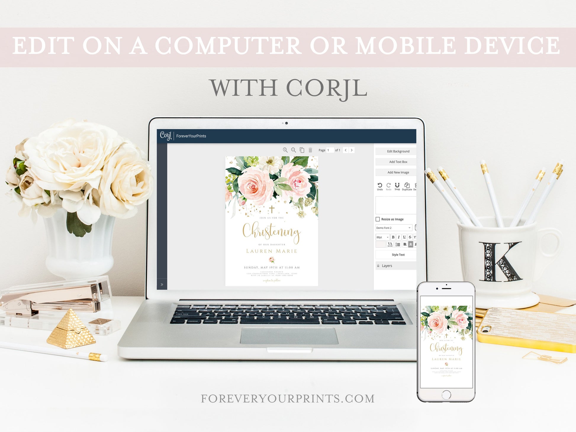 Floral Christening Invitation | www.foreveryourprints.com