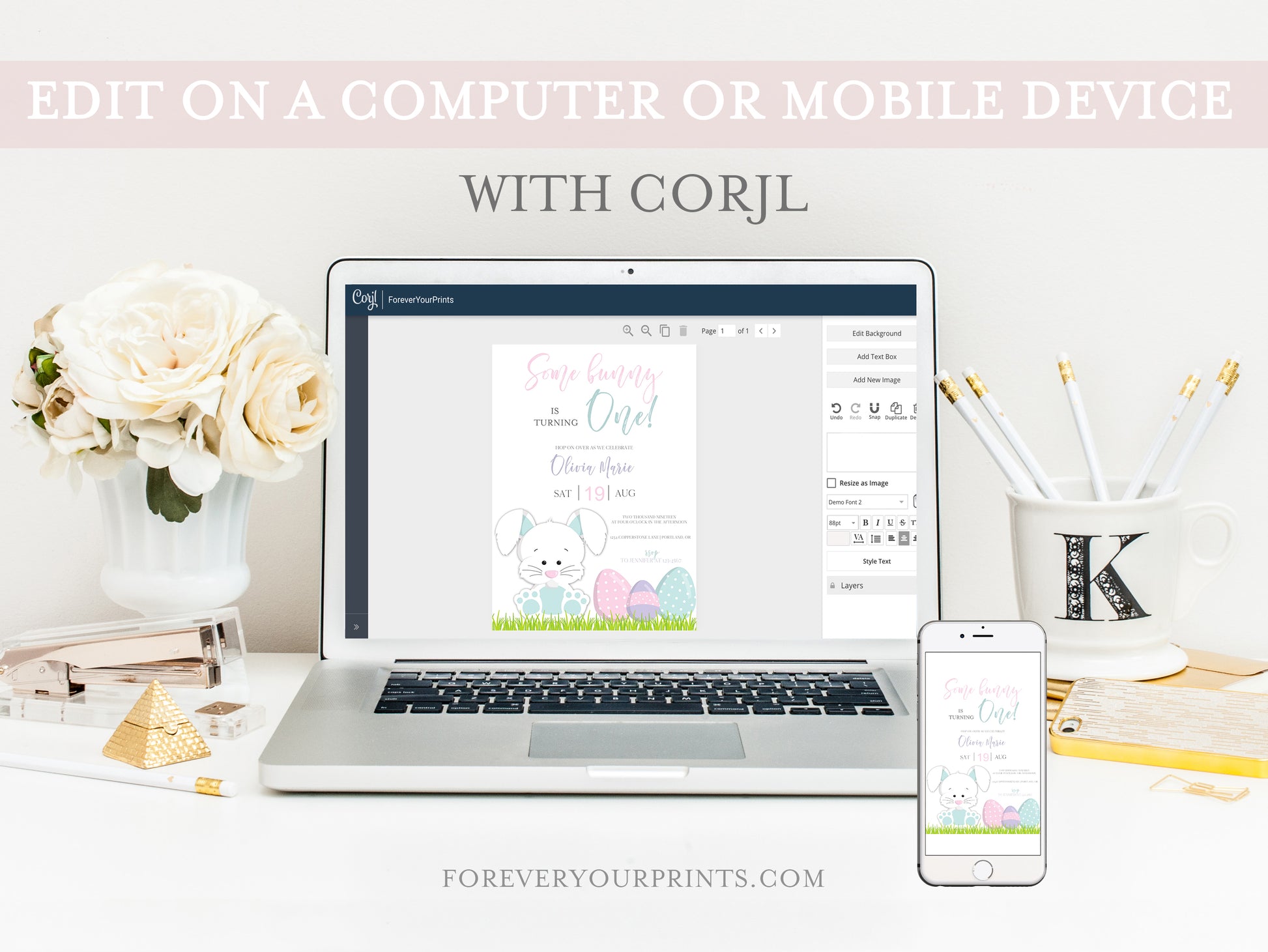 Bunny First Birthday Invitation | www.foreveryourprints.com