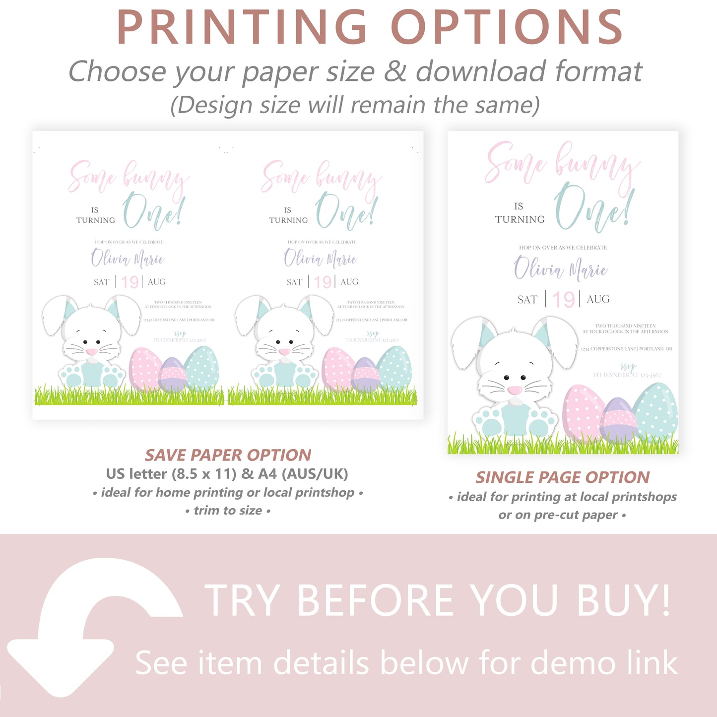 Bunny First Birthday Invitation