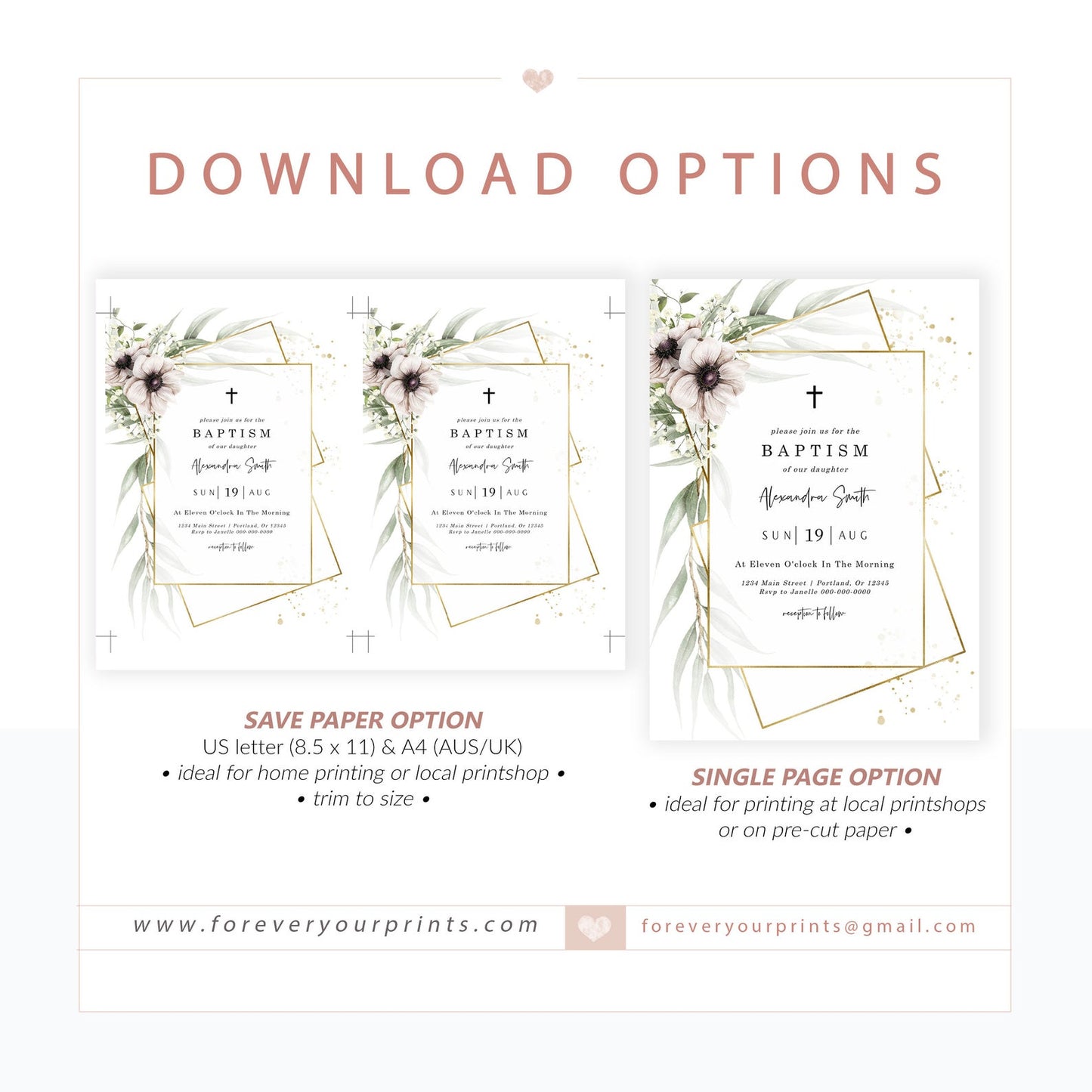 Anemone Florals Baptism Invitation | www.foreveryourprints.com