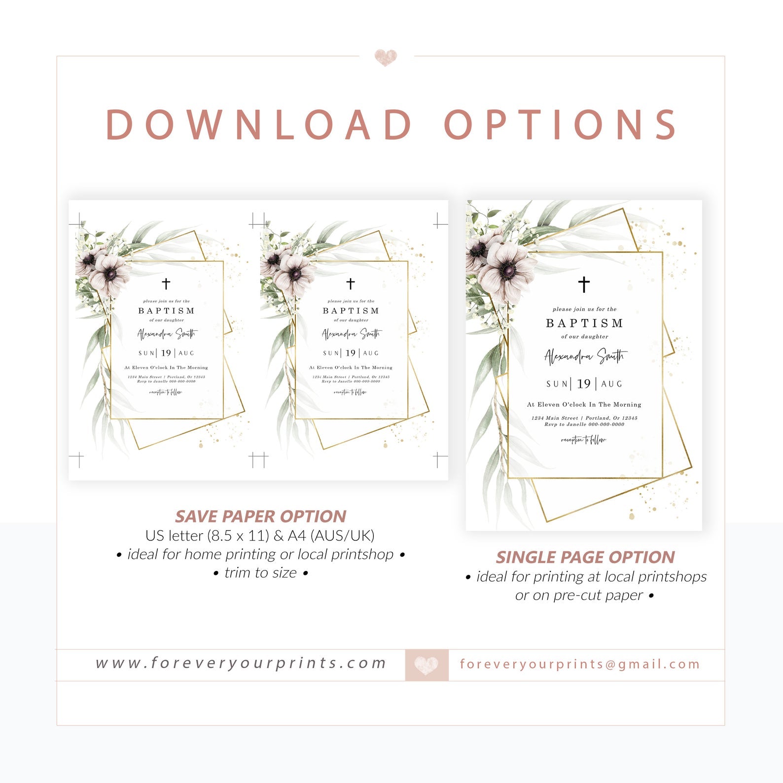 Anemone Florals Baptism Invitation | www.foreveryourprints.com