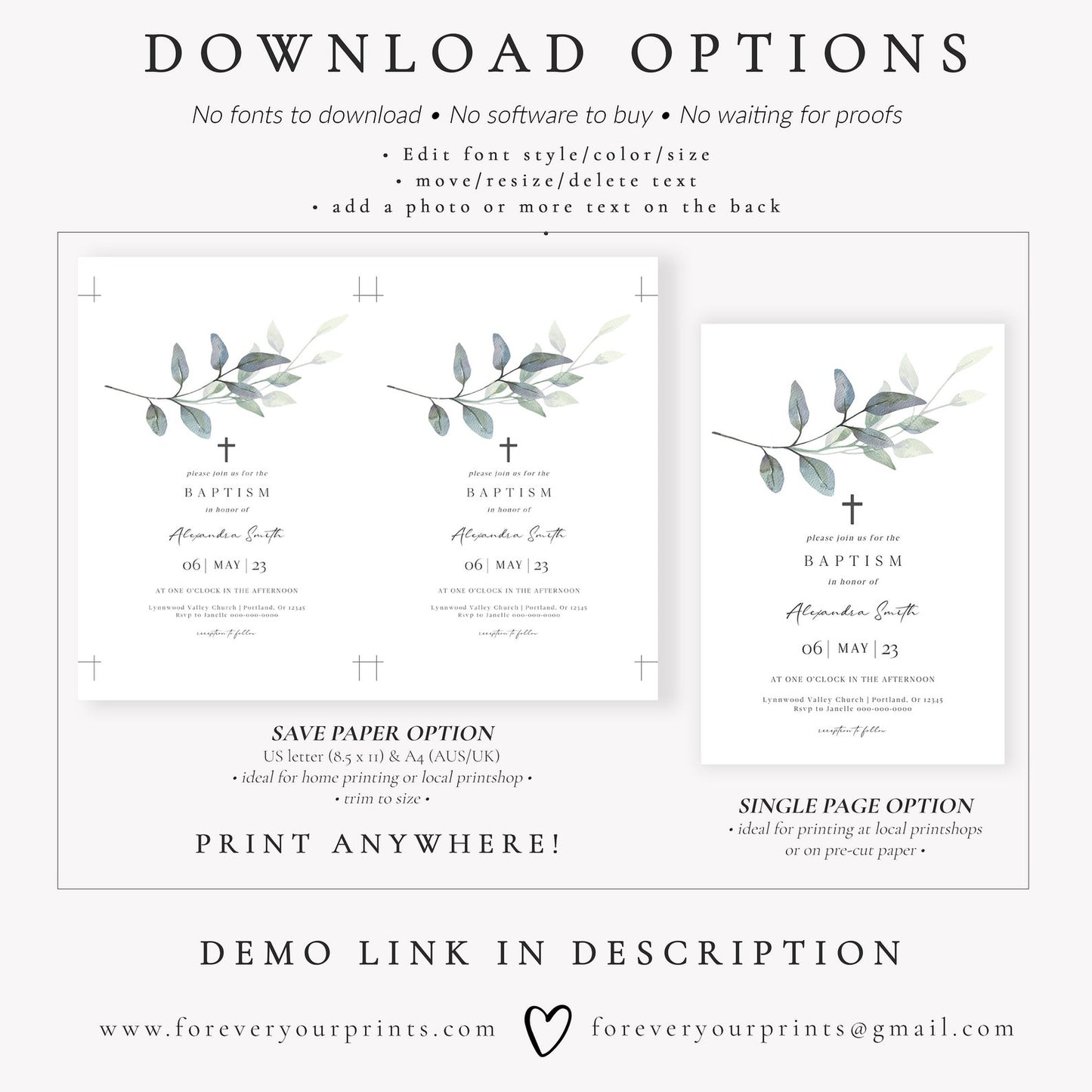 Eucalyptus Leaf Baptism Invitation | www.foreveryourprints.com