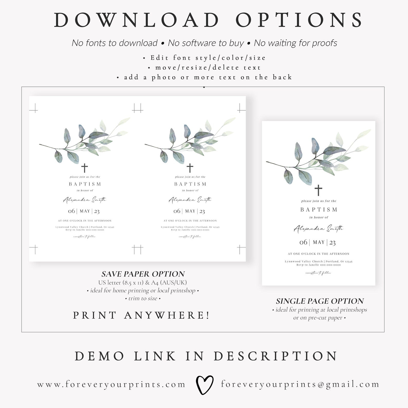 Eucalyptus Leaf Baptism Invitation | www.foreveryourprints.com