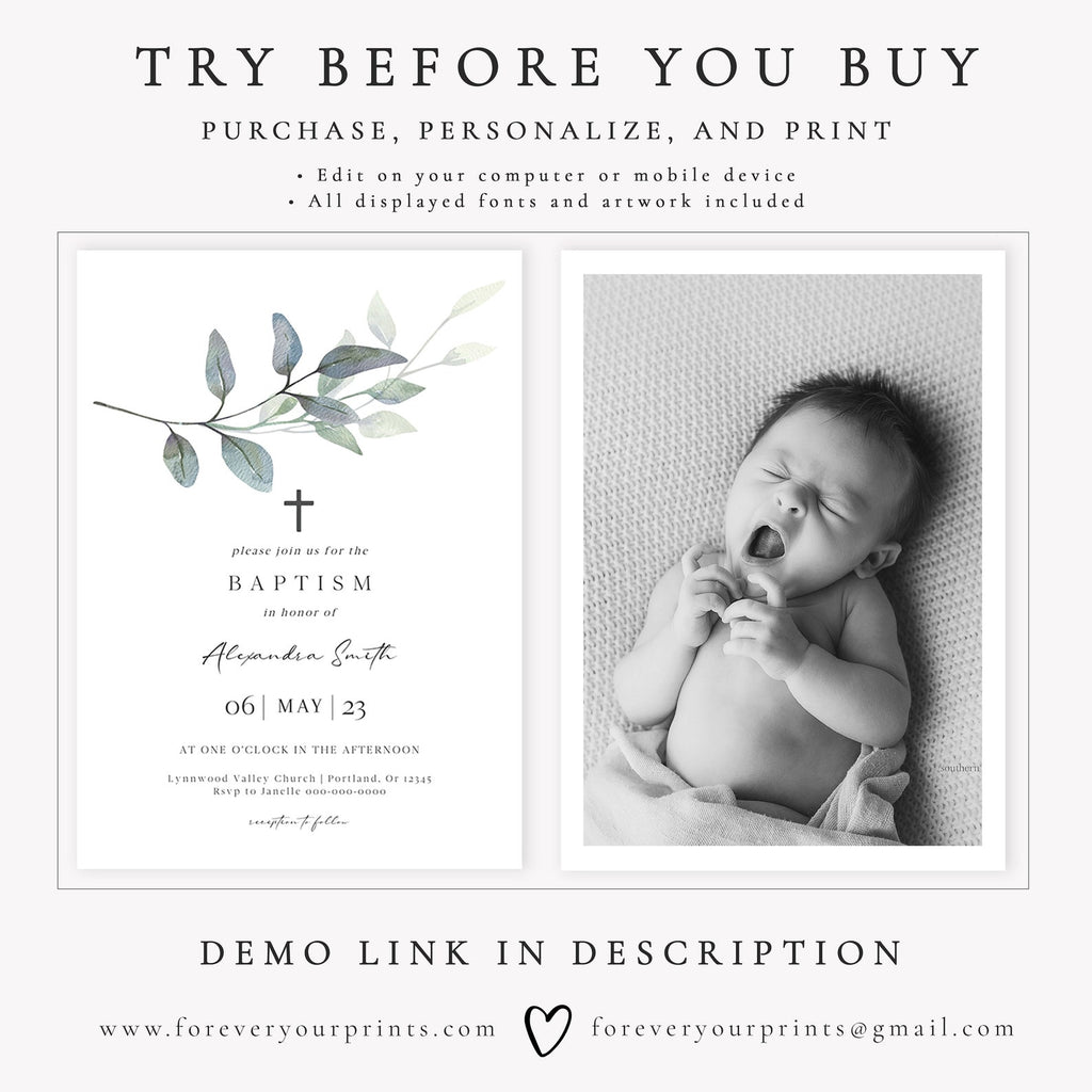 Eucalyptus Leaf Baptism Invitation | www.foreveryourprints.com