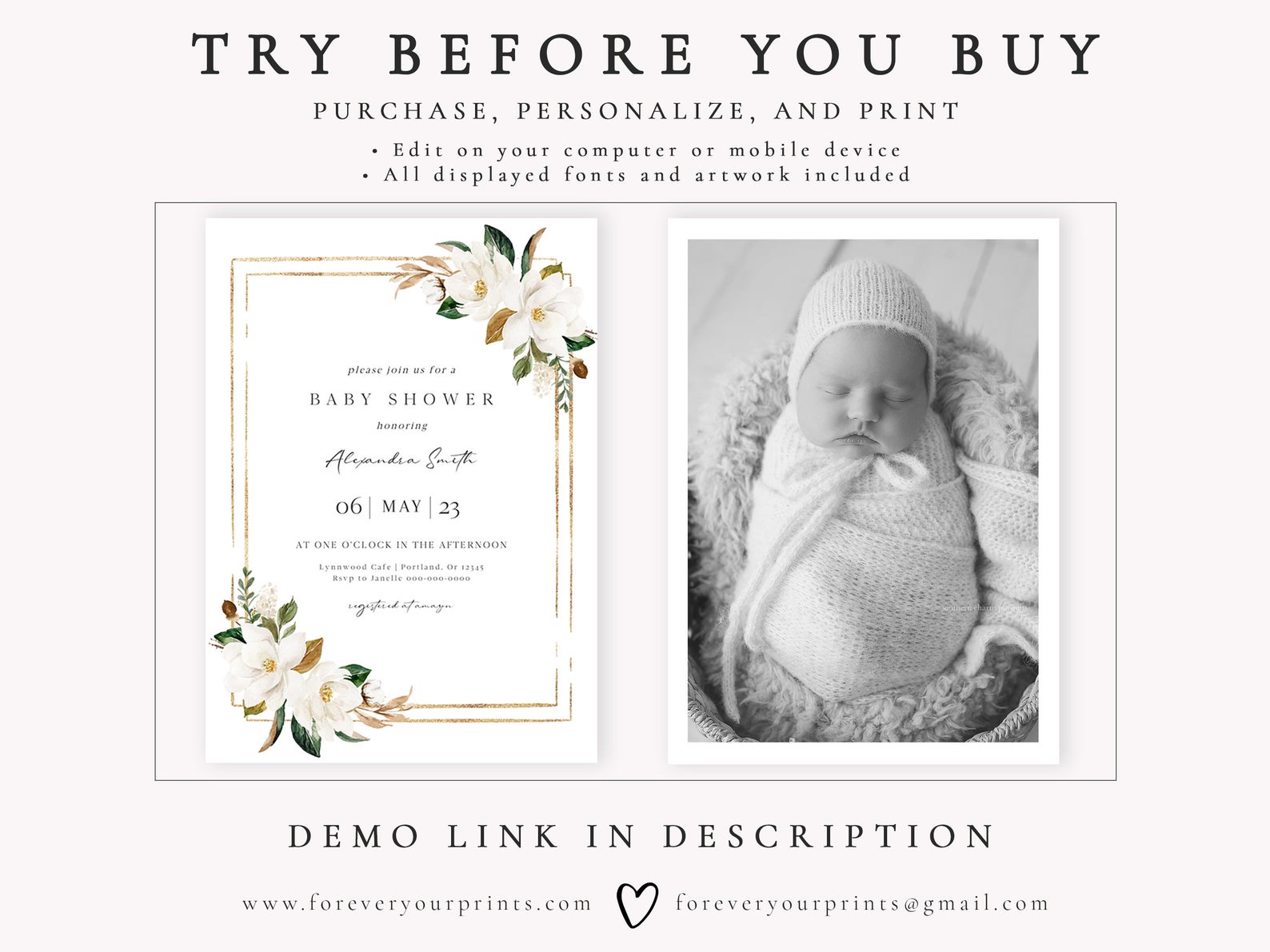 Magnolia Baby Shower Invitation | www.foreveryourprints.com