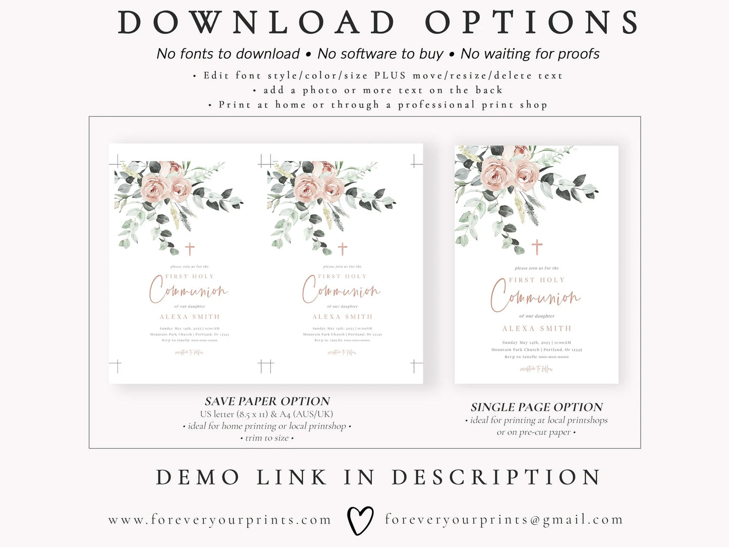 Floral First Holy Communion Invitation | www.foreveryourprints.com