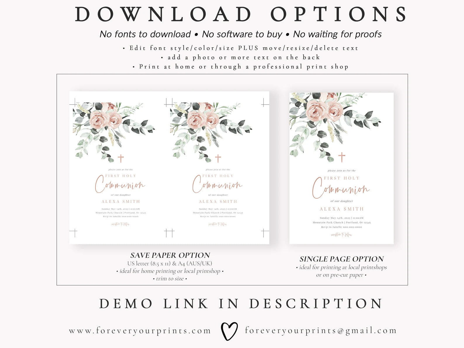 Floral First Holy Communion Invitation | www.foreveryourprints.com
