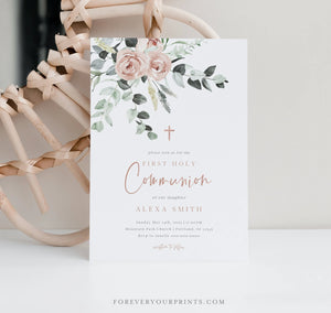 Floral First Holy Communion Invitation | www.foreveryourprints.com