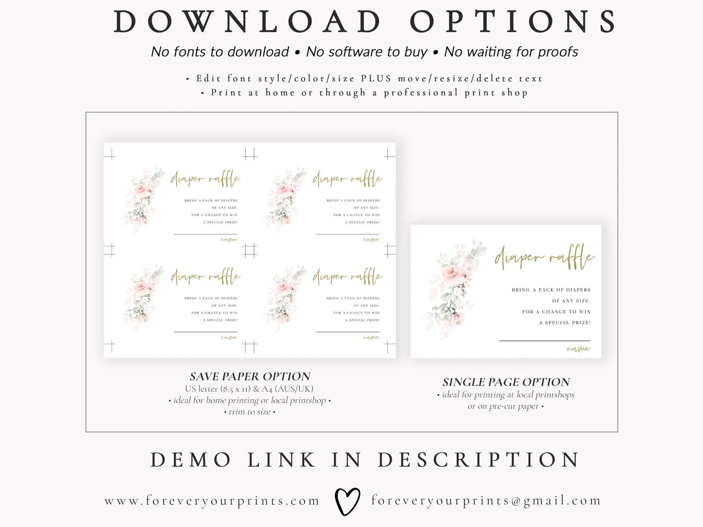 Blush Floral Diaper Raffle Card | www.foreveryourprints.com