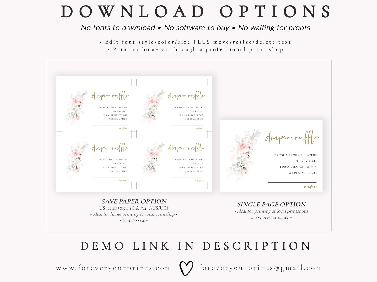 Blush Floral Diaper Raffle Card | www.foreveryourprints.com