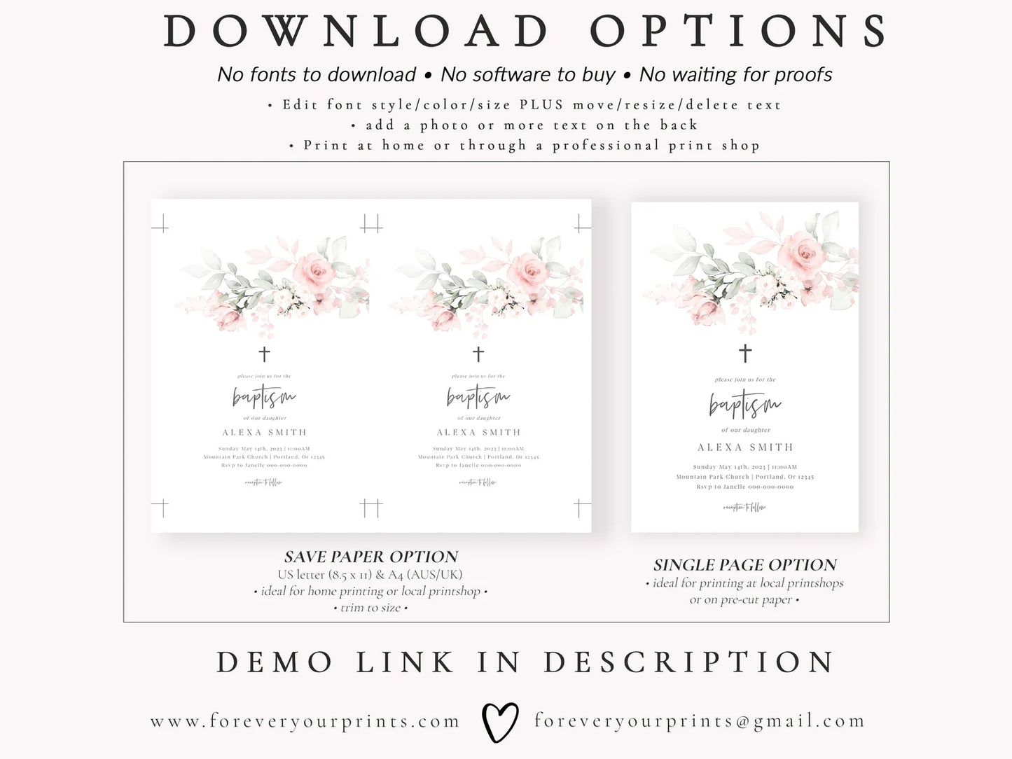 Classic Floral Baptism Invitation | www.foreveryourprints.com