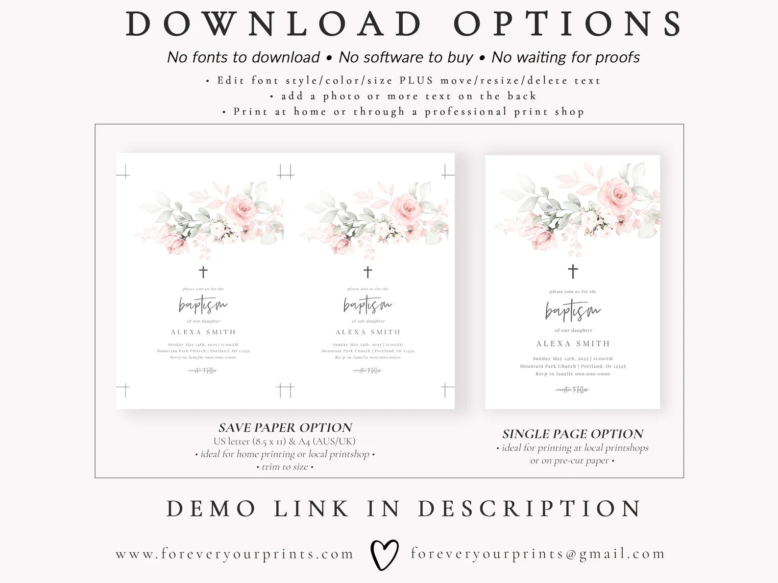 Classic Floral Baptism Invitation | www.foreveryourprints.com