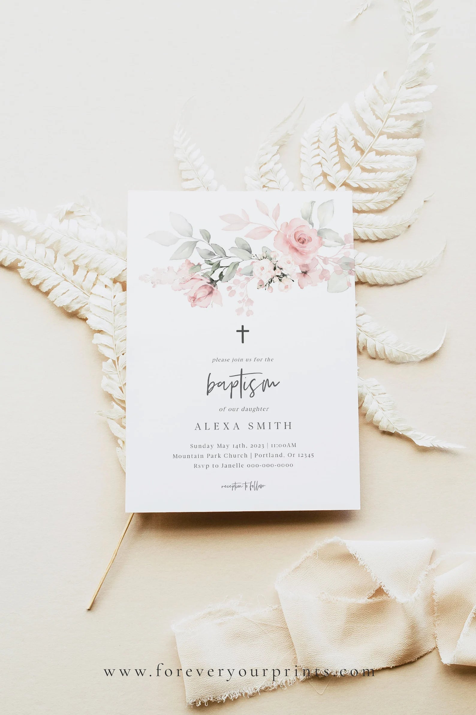 Classic Floral Baptism Invitation | www.foreveryourprints.com
