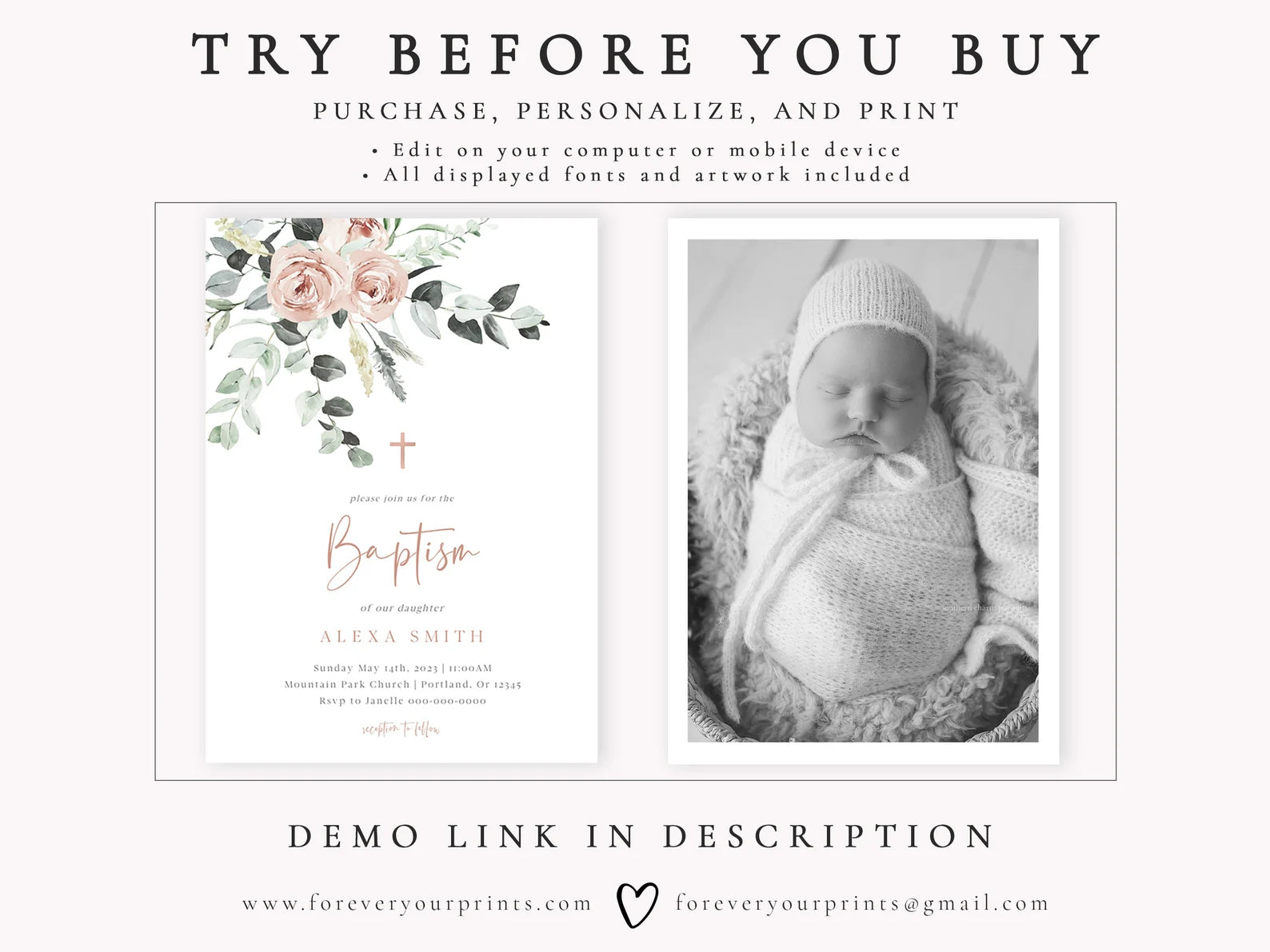 Classic Floral Baptism Invitation | www.foreveryourprints.com