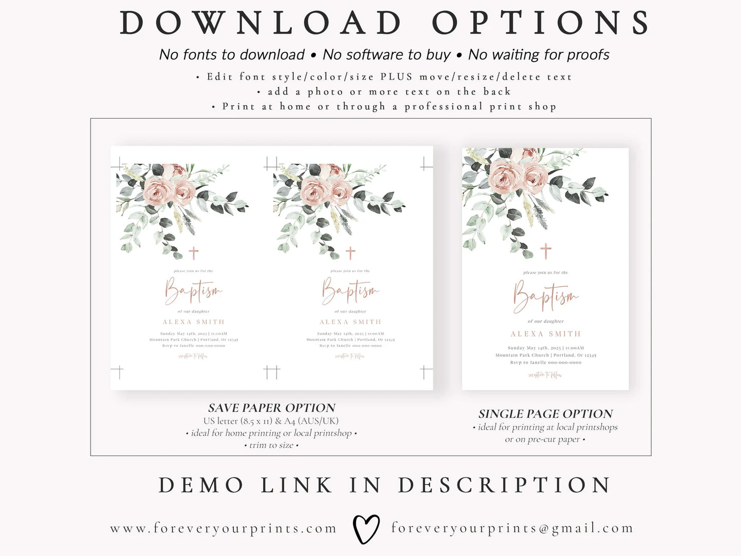 Classic Floral Baptism Invitation | www.foreveryourprints.com