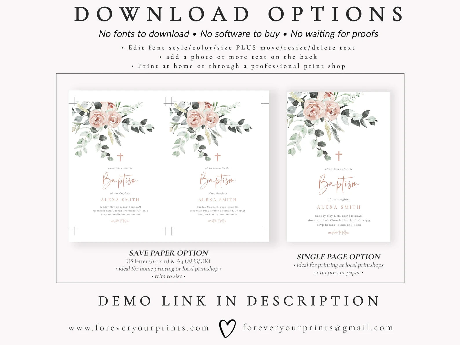 Classic Floral Baptism Invitation | www.foreveryourprints.com