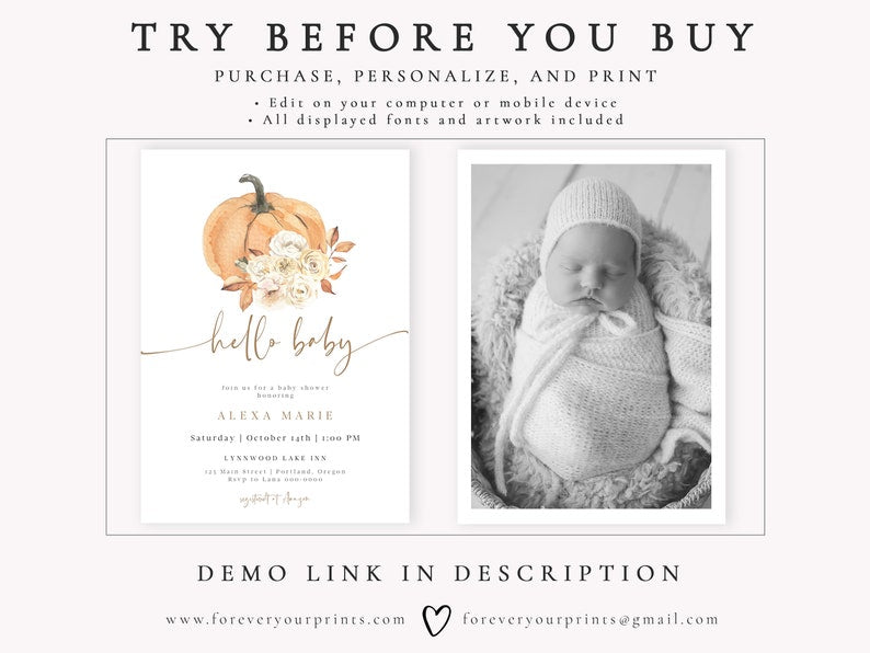 Pumpkin Baby Shower Invitation | www.foreveryourprints.com