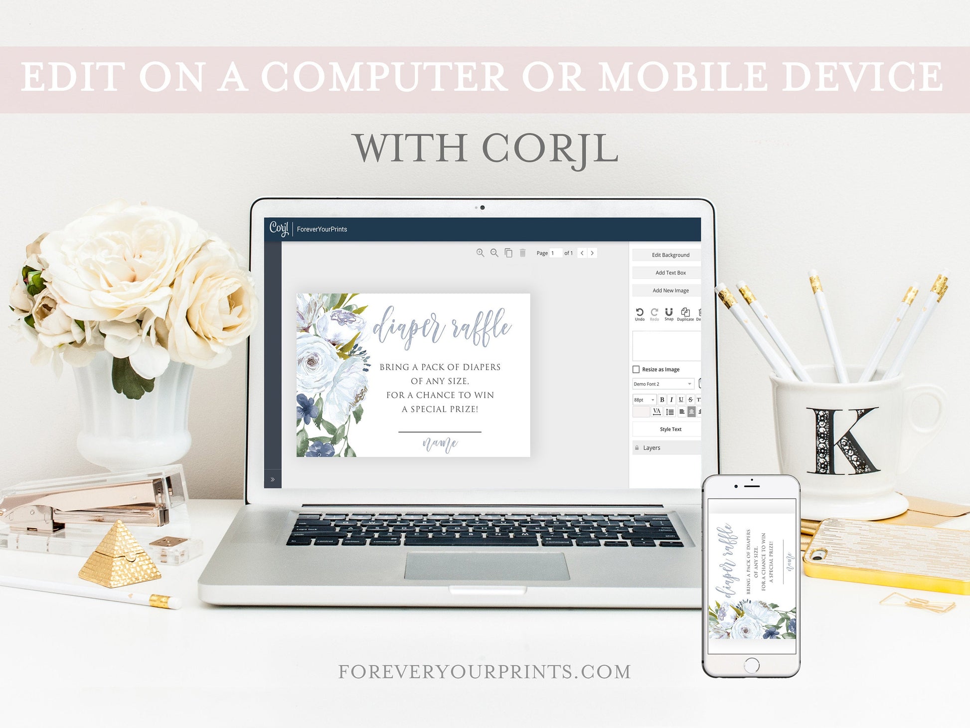 Blue Florals Diaper Raffle Card | www.foreveryourprints.com