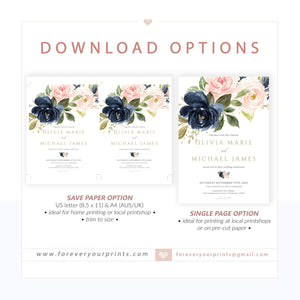 Navy and Blush Floral Wedding Invitation | www.foreveryourprints.com