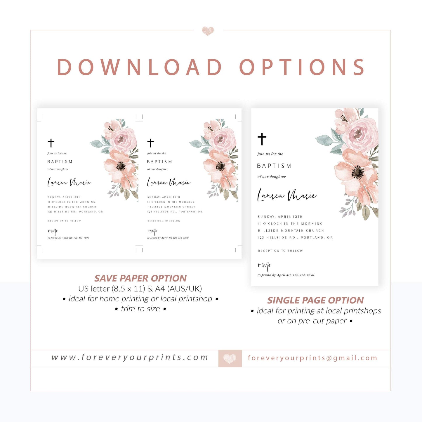 Floral Baptism Invitation | www.foreveryourprints.com