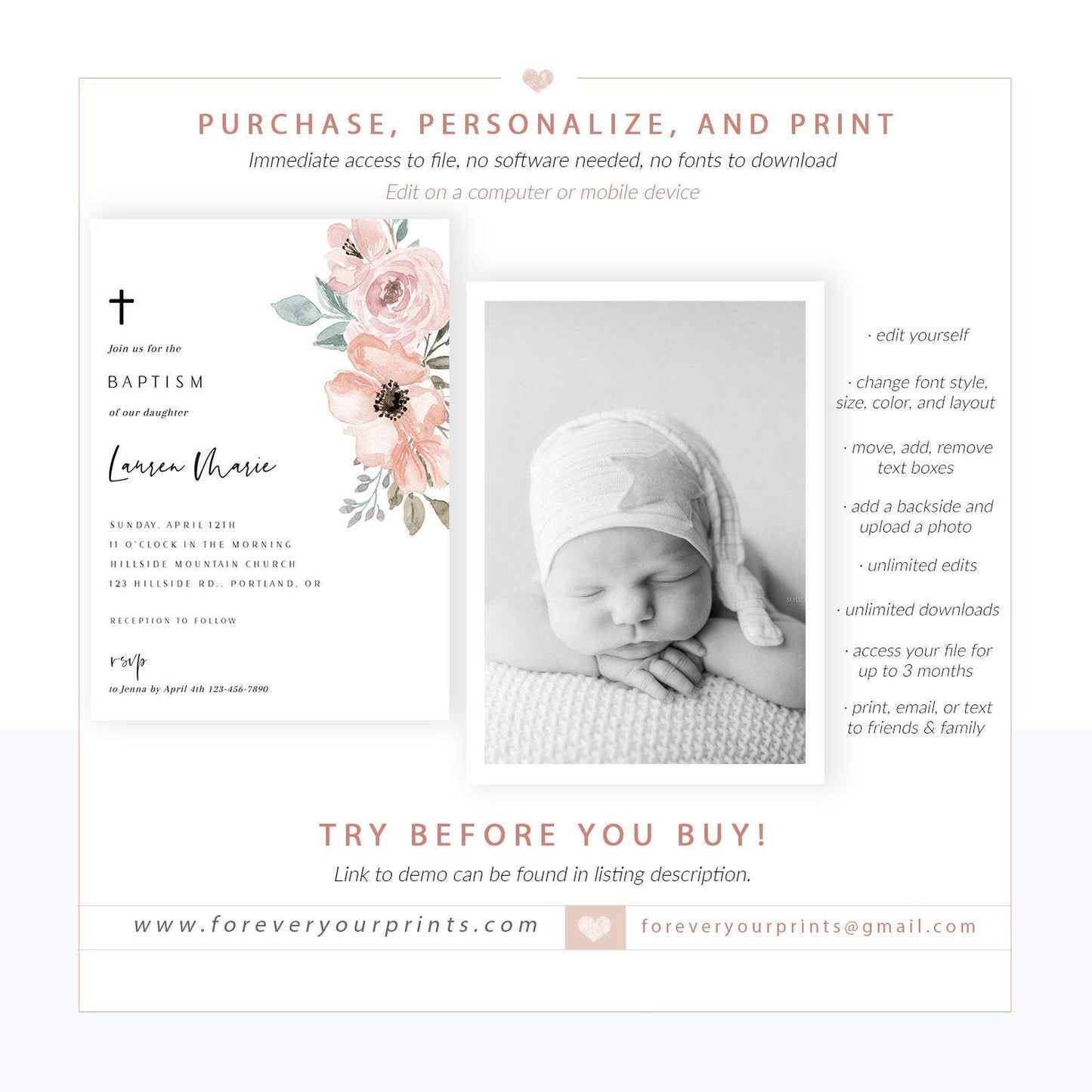 Floral Baptism Invitation | www.foreveryourprints.com