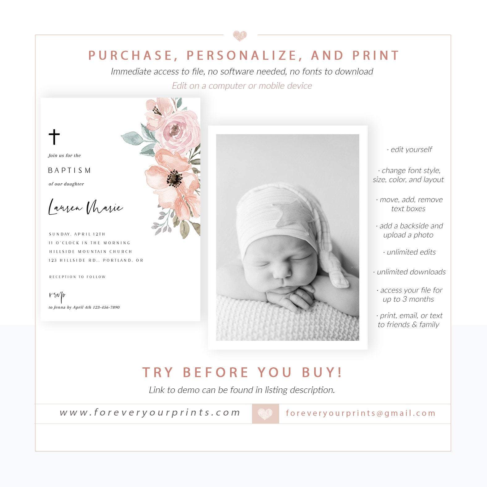 Floral Baptism Invitation | www.foreveryourprints.com