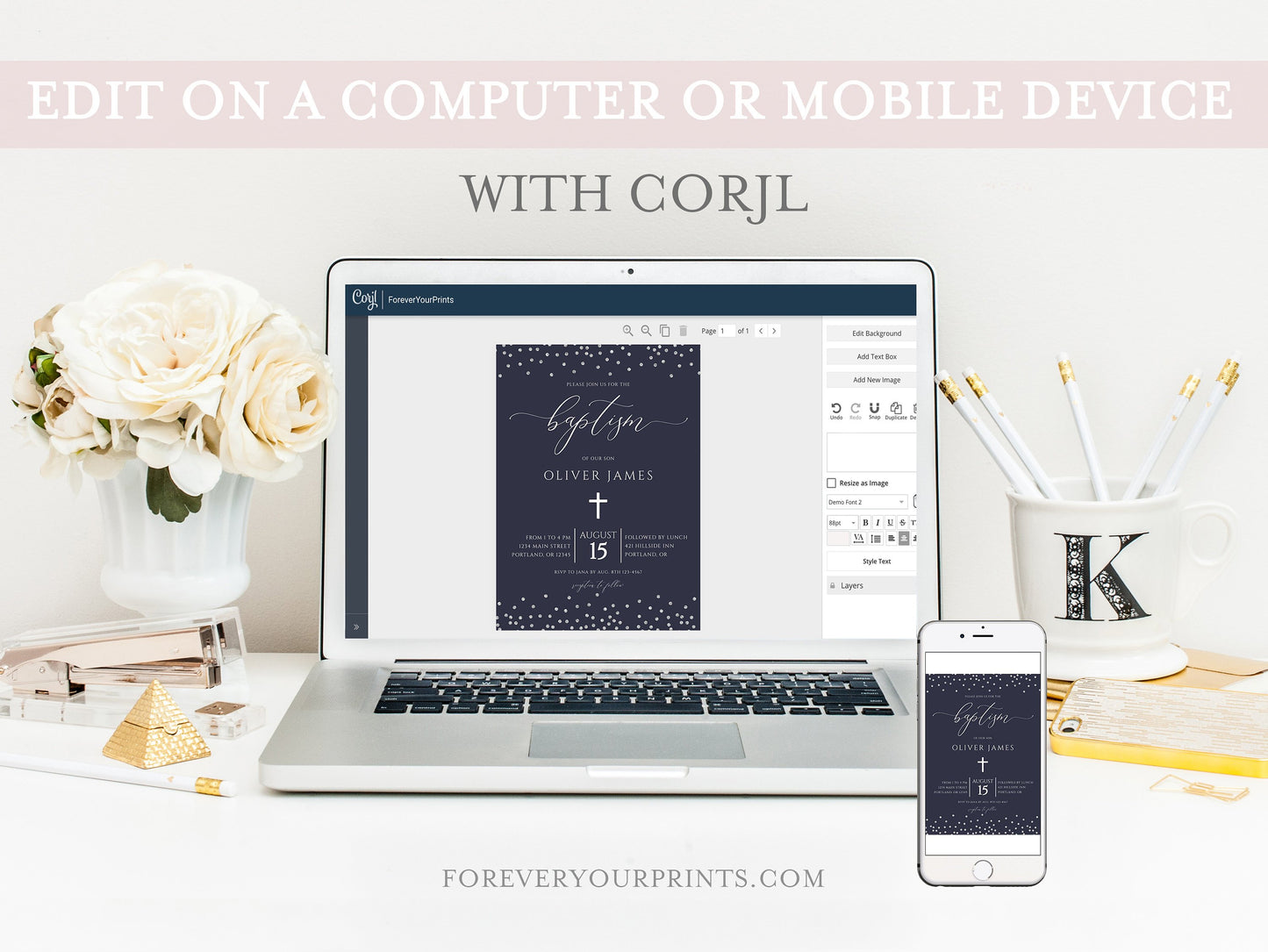 Navy and Silver Baptism Invitation | www.foreveryourprints.com