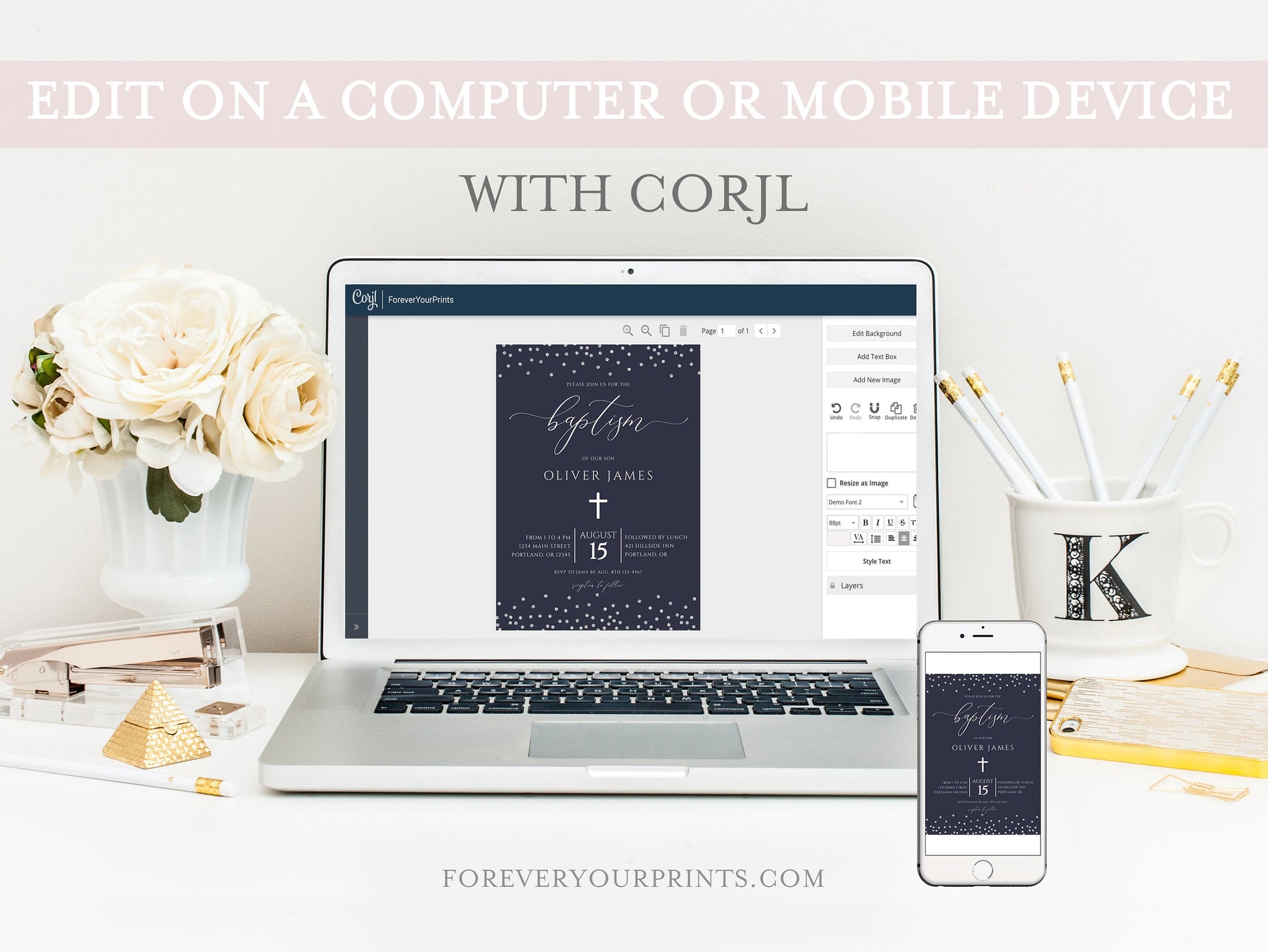 Navy and Silver Baptism Invitation | www.foreveryourprints.com