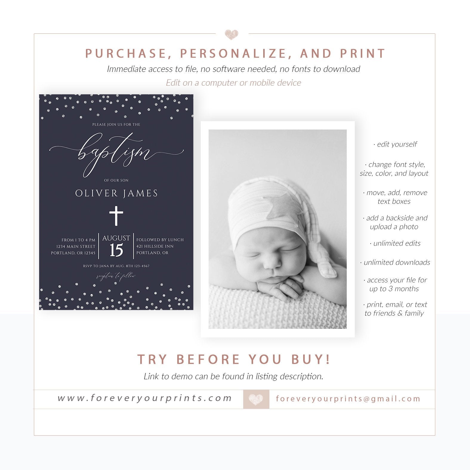 Navy and Silver Baptism Invitation | www.foreveryourprints.com