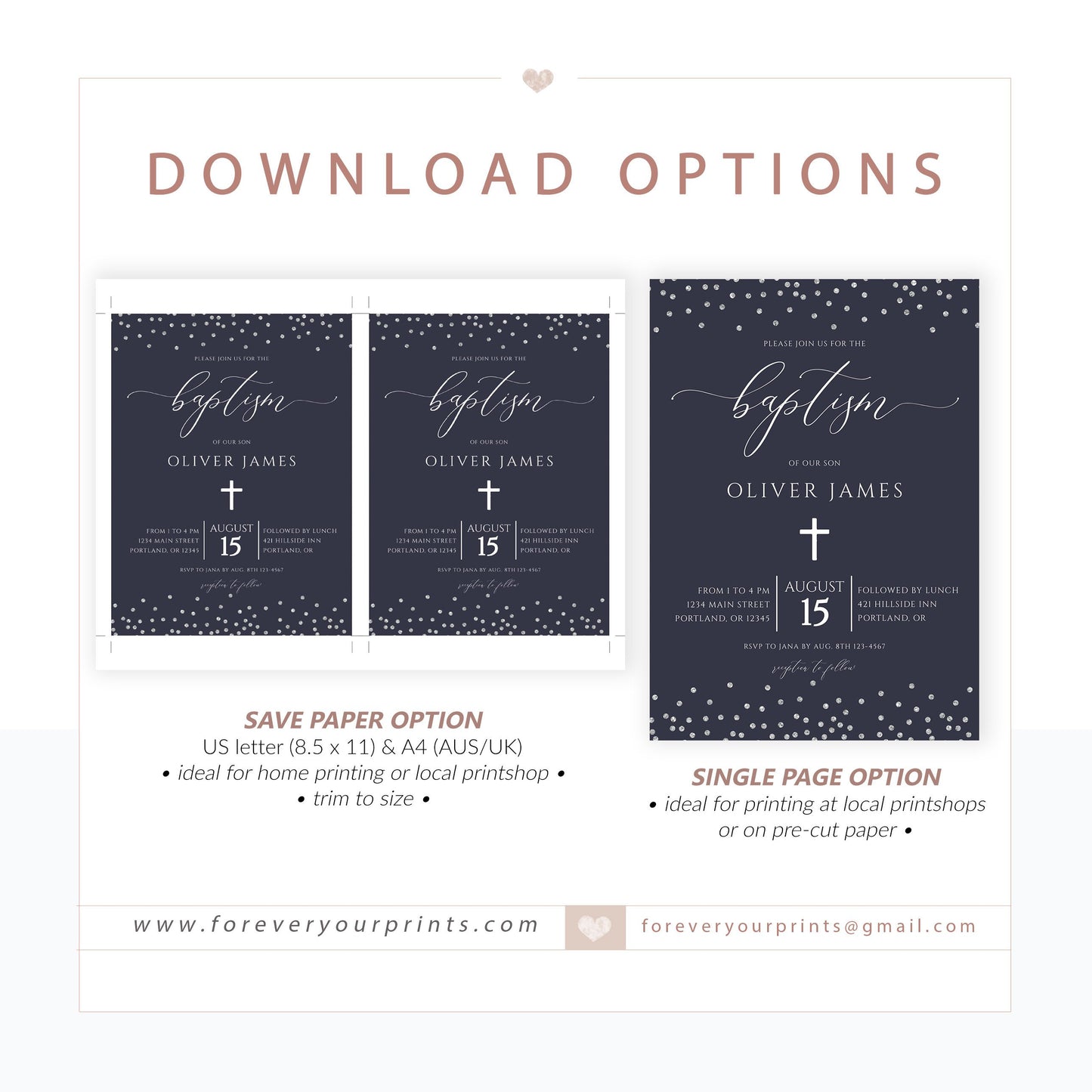 Navy and Silver Baptism Invitation | www.foreveryourprints.com