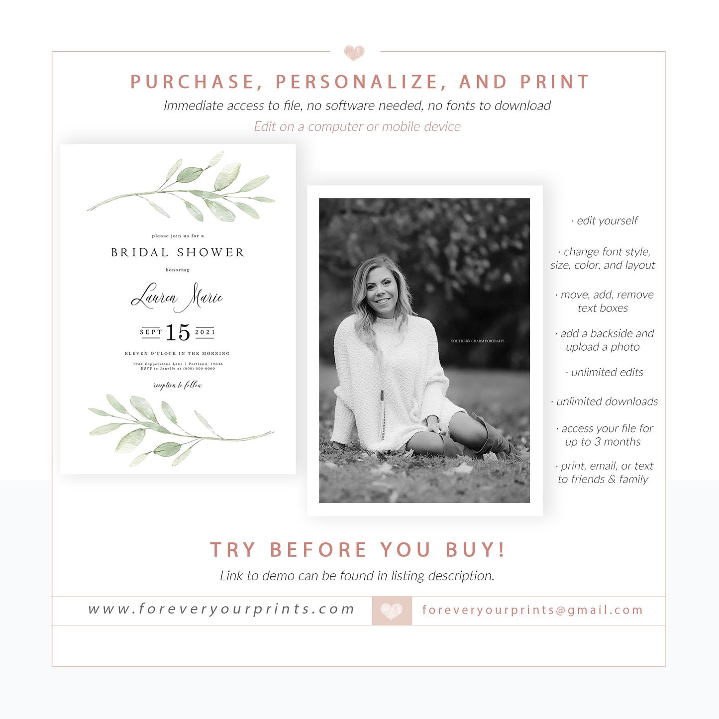 Greenery Bridal Shower Invitation | www.foreveryourprints.com